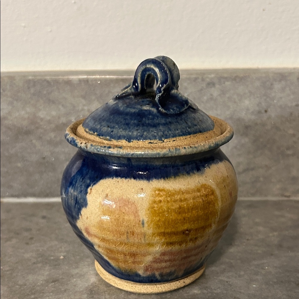 Artisan Ceramic Jar with Blue and Tan Glaze